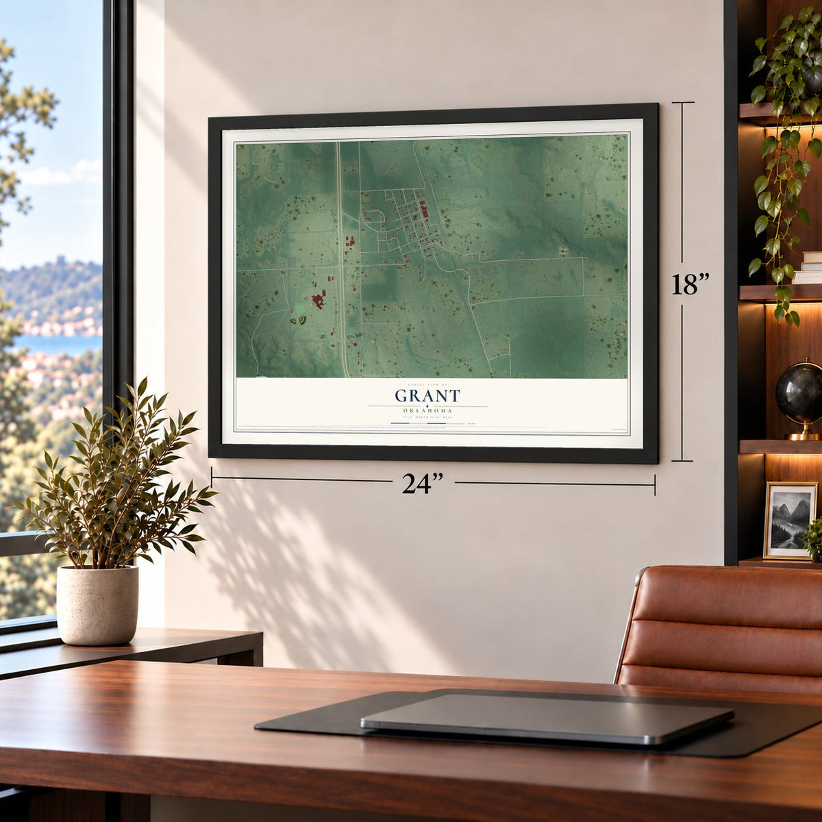 Grant, Oklahoma map, 18 x 24 inch print in a black frame in a home office