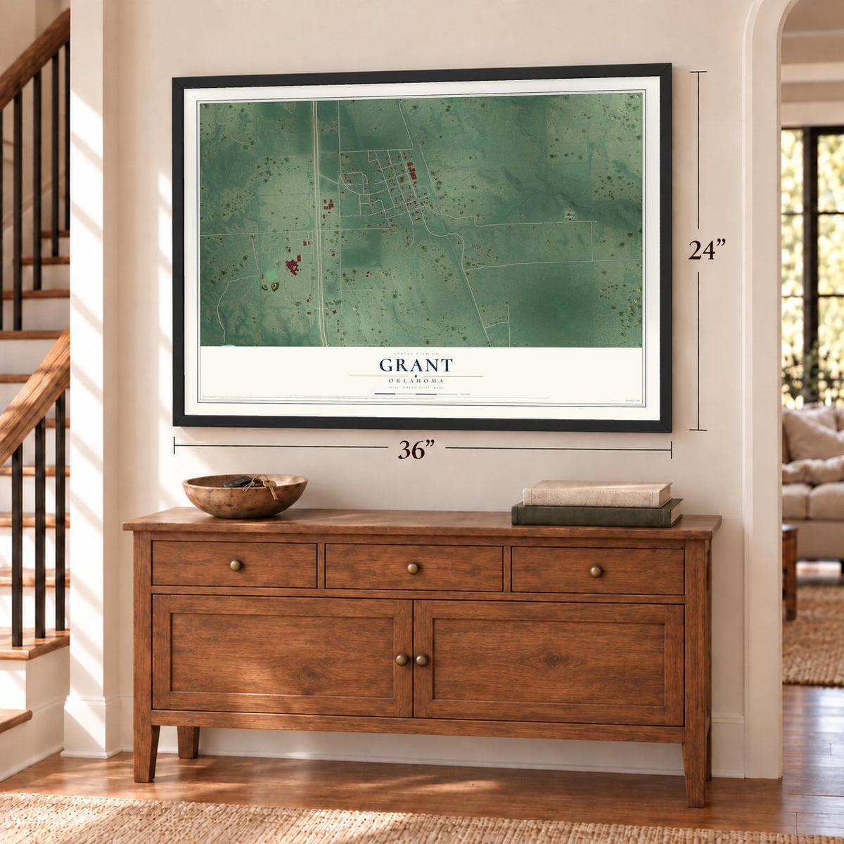 Grant, Oklahoma map, 24 x 36 inch print in a black frame above a dresser by a staircase