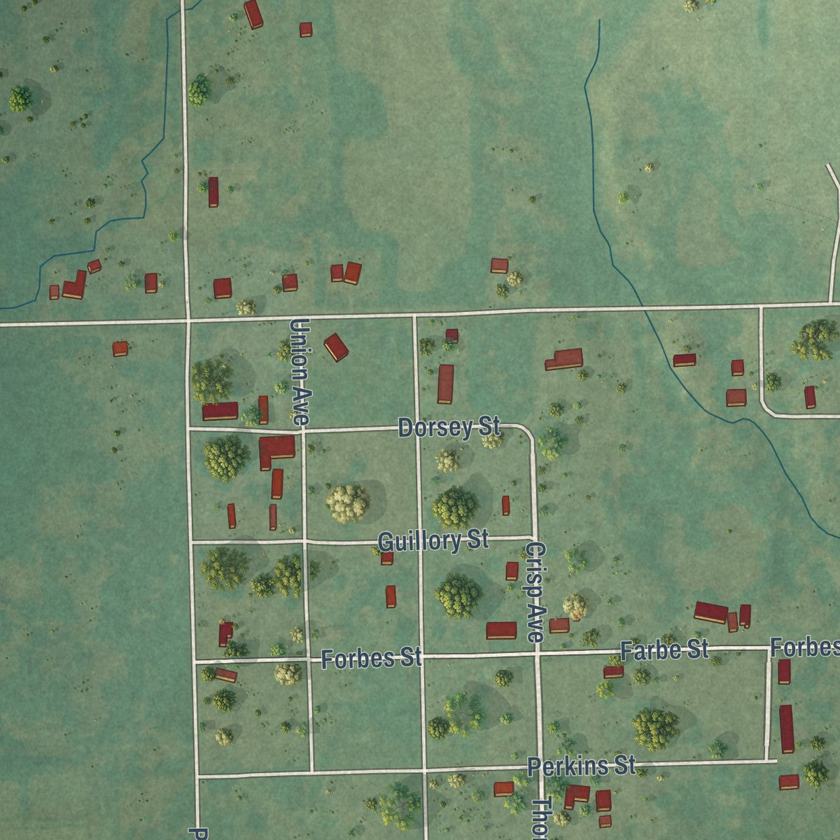 Close-up of the map of Grayson, Oklahoma print showing street and building detail