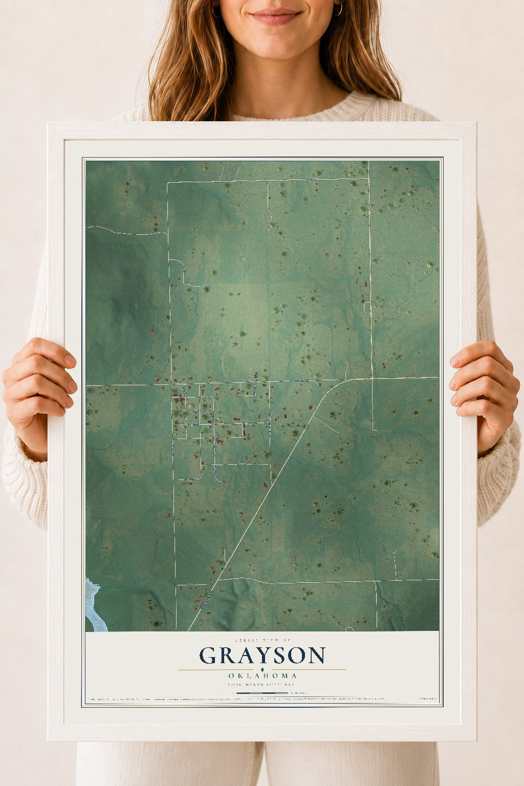 Map of Grayson, Oklahoma, 18 x 24 inch print in a white wood frame