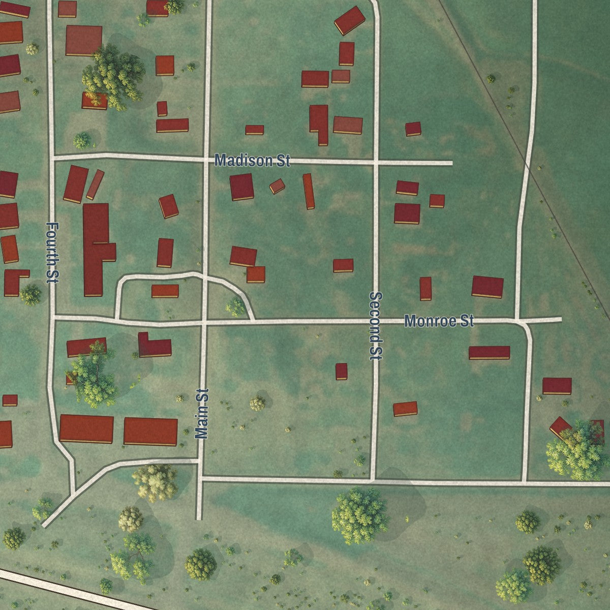 Close-up of the map of Greenfield, Oklahoma print showing street and building detail