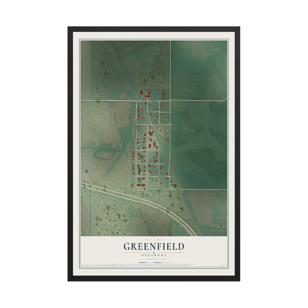 Map of Greenfield, Oklahoma, 12 x 18 inch print in a black wood frame