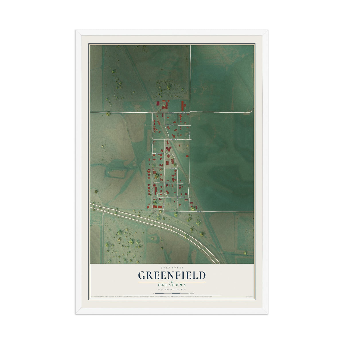 Map of Greenfield, Oklahoma, 12 x 18 inch print in a white wood frame