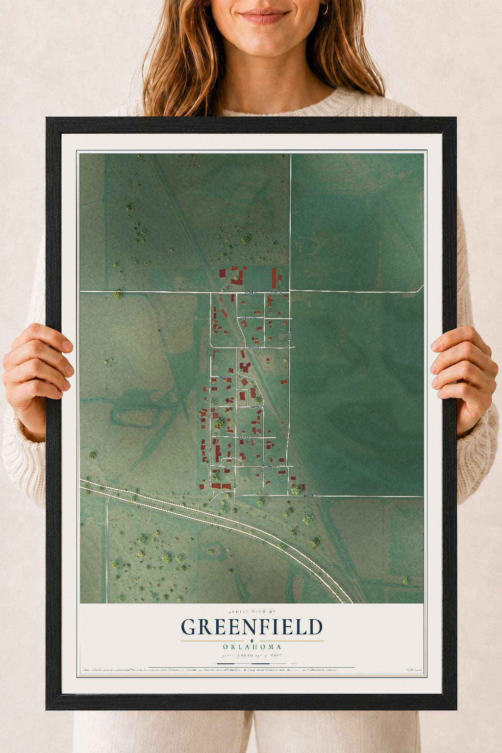 Map of Greenfield, Oklahoma, 18 x 24 inch print in a black wood frame