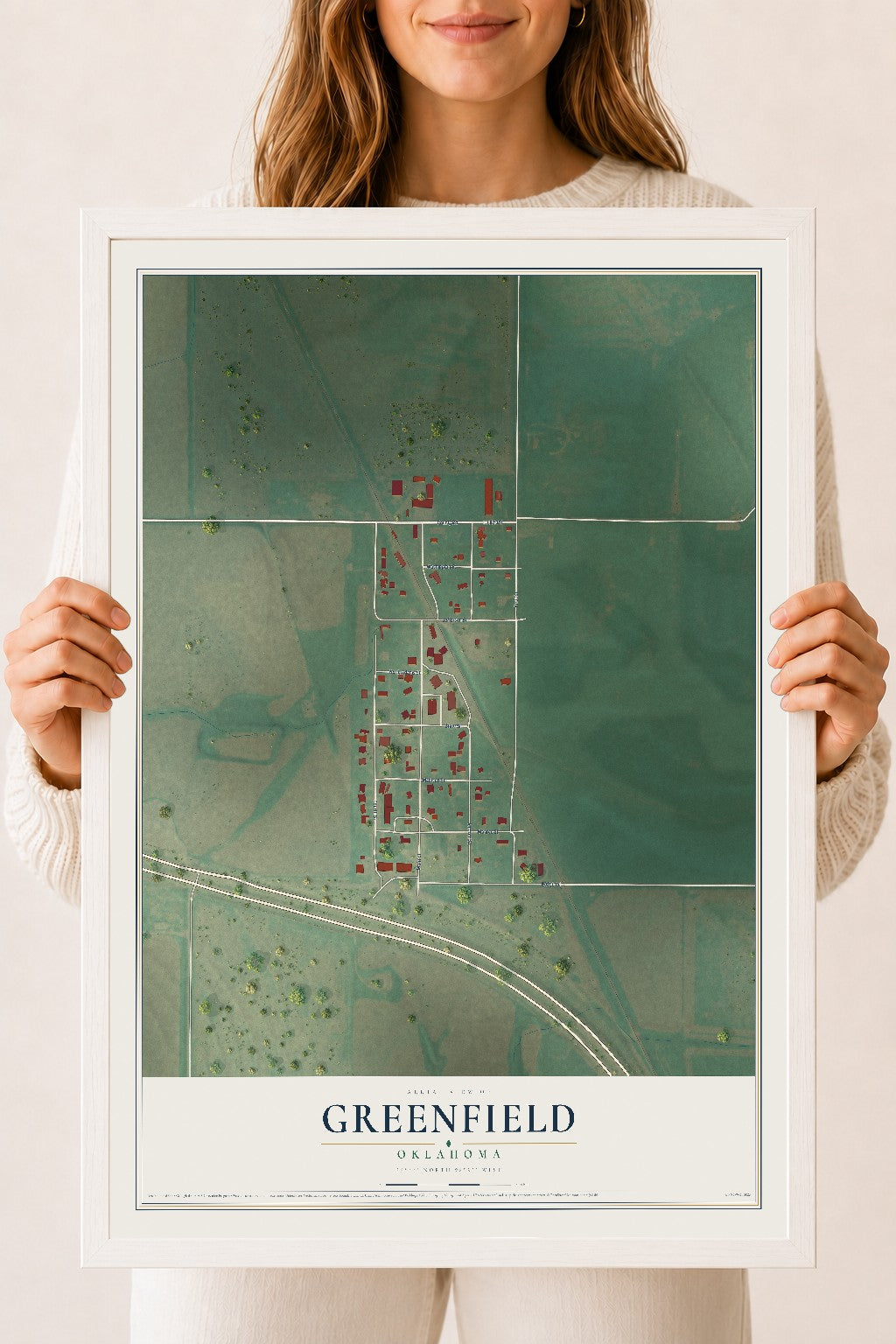 Map of Greenfield, Oklahoma, 18 x 24 inch print in a white wood frame