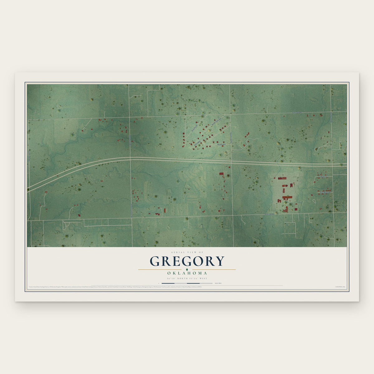 Gregory, Oklahoma map print, the full design