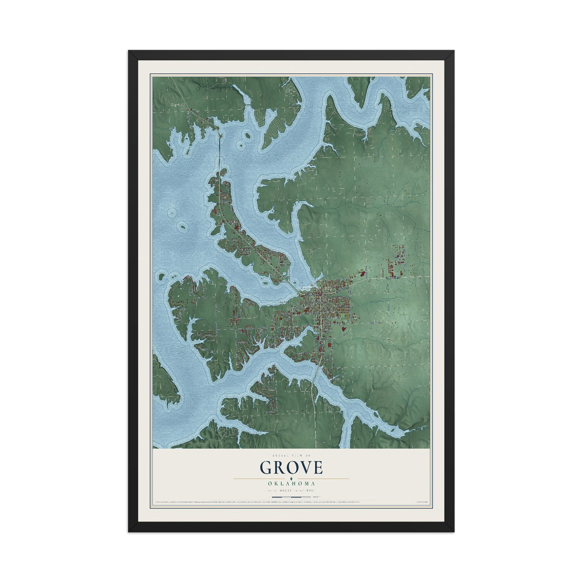 Map of Grove, Oklahoma, 12 x 18 inch print in a black wood frame