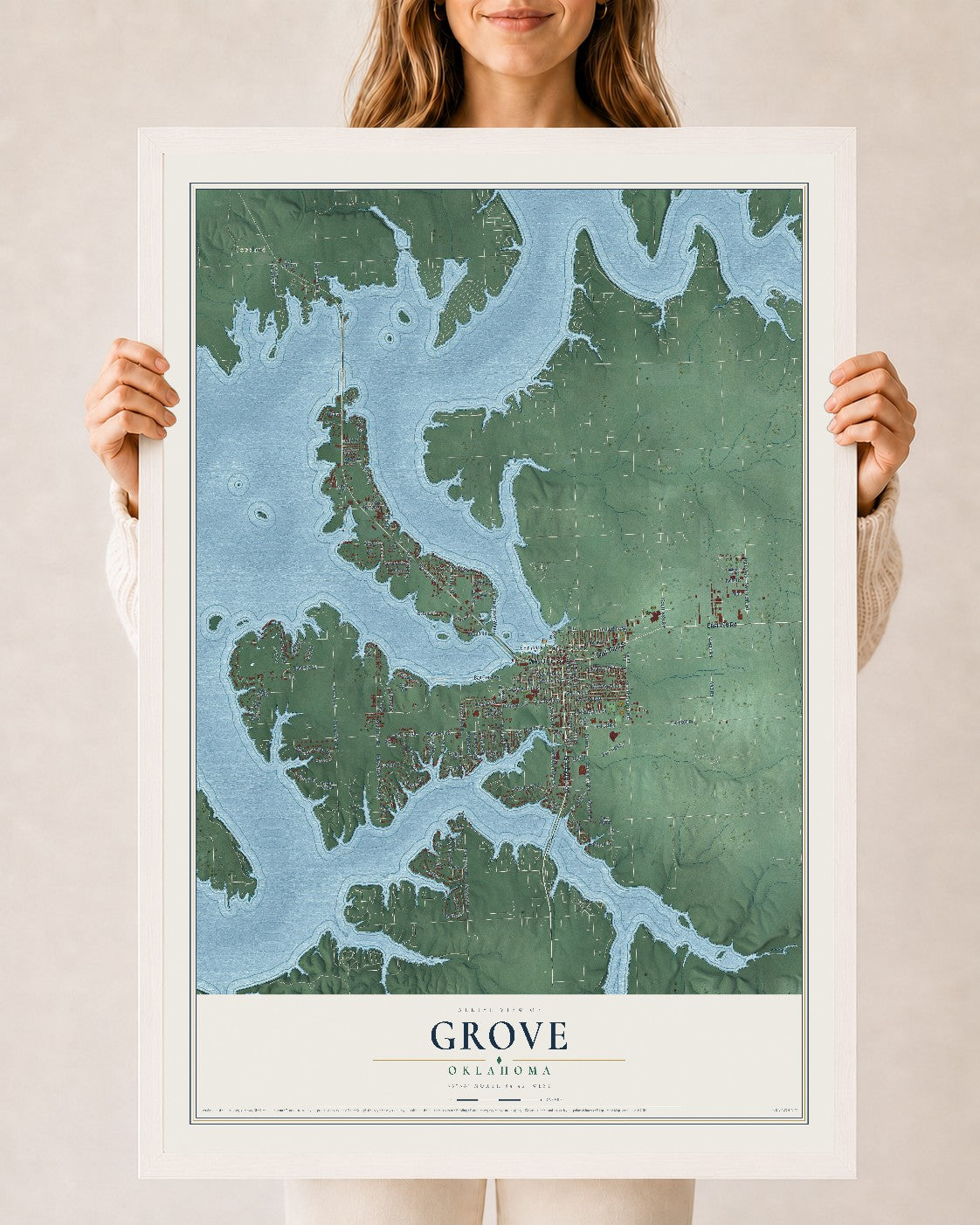 Map of Grove, Oklahoma, 24 x 36 inch print in a white wood frame