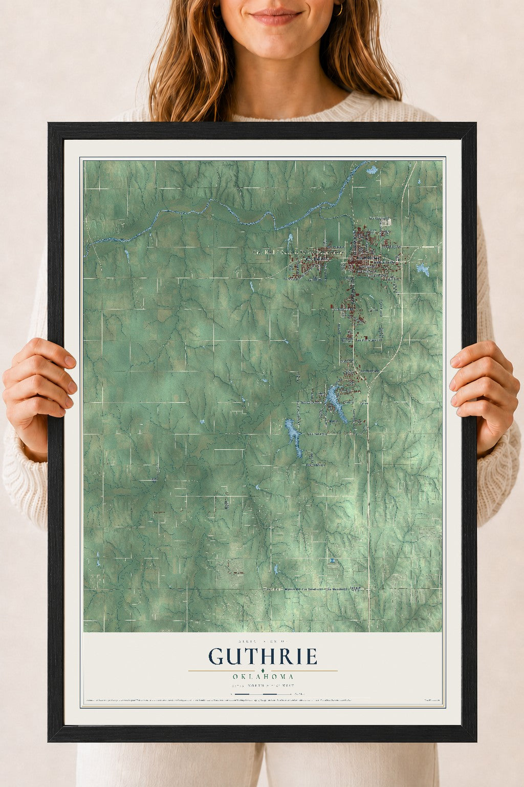 Map of Guthrie, Oklahoma, 18 x 24 inch print in a black wood frame