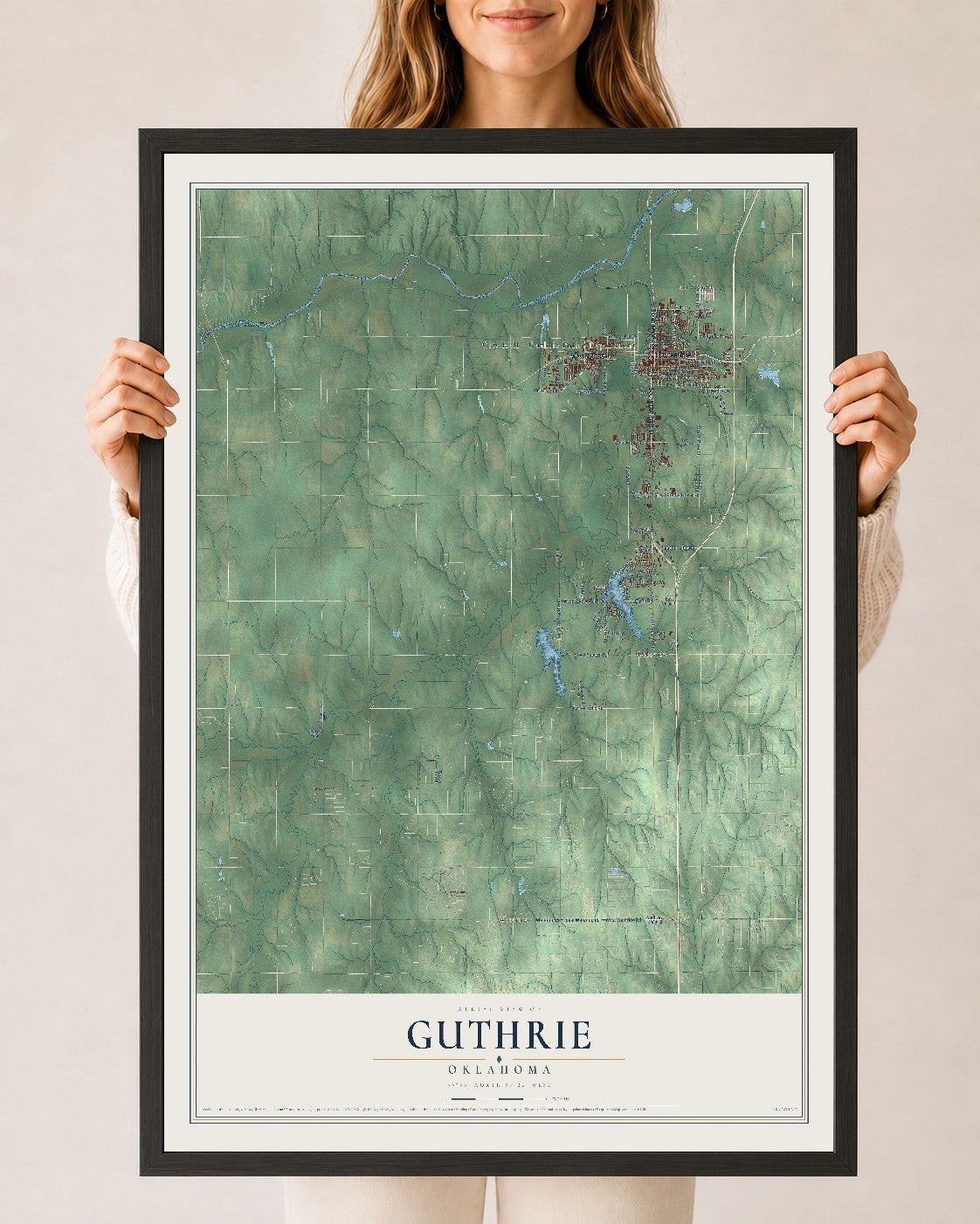 Map of Guthrie, Oklahoma, 24 x 36 inch print in a black wood frame