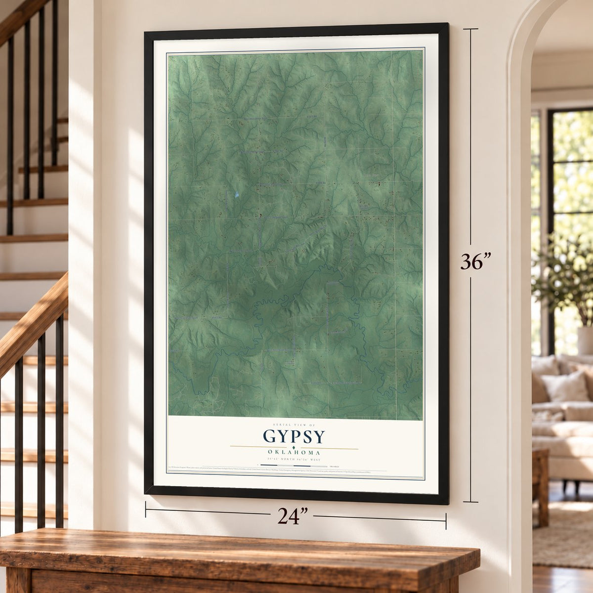 Gypsy, Oklahoma map, 24 x 36 inch print in a black frame by a staircase