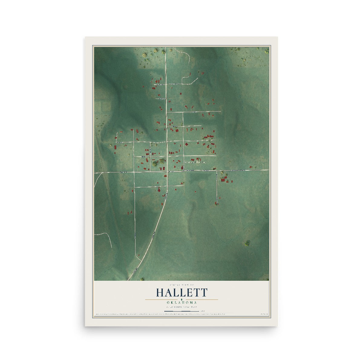 Map of Hallett, Oklahoma, 12 x 18 inch unframed archival matte print