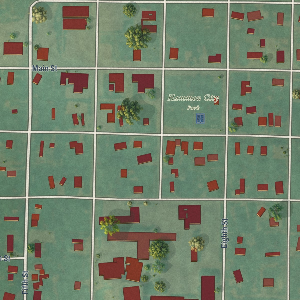 Close-up of the map of Hammon, Oklahoma print showing street and building detail
