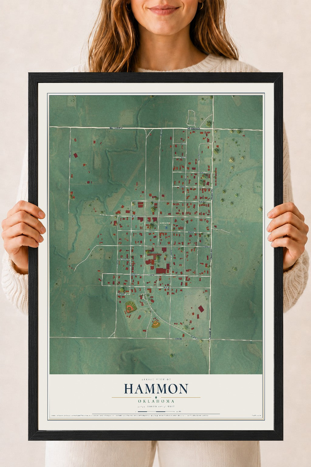 Map of Hammon, Oklahoma, 18 x 24 inch print in a black wood frame