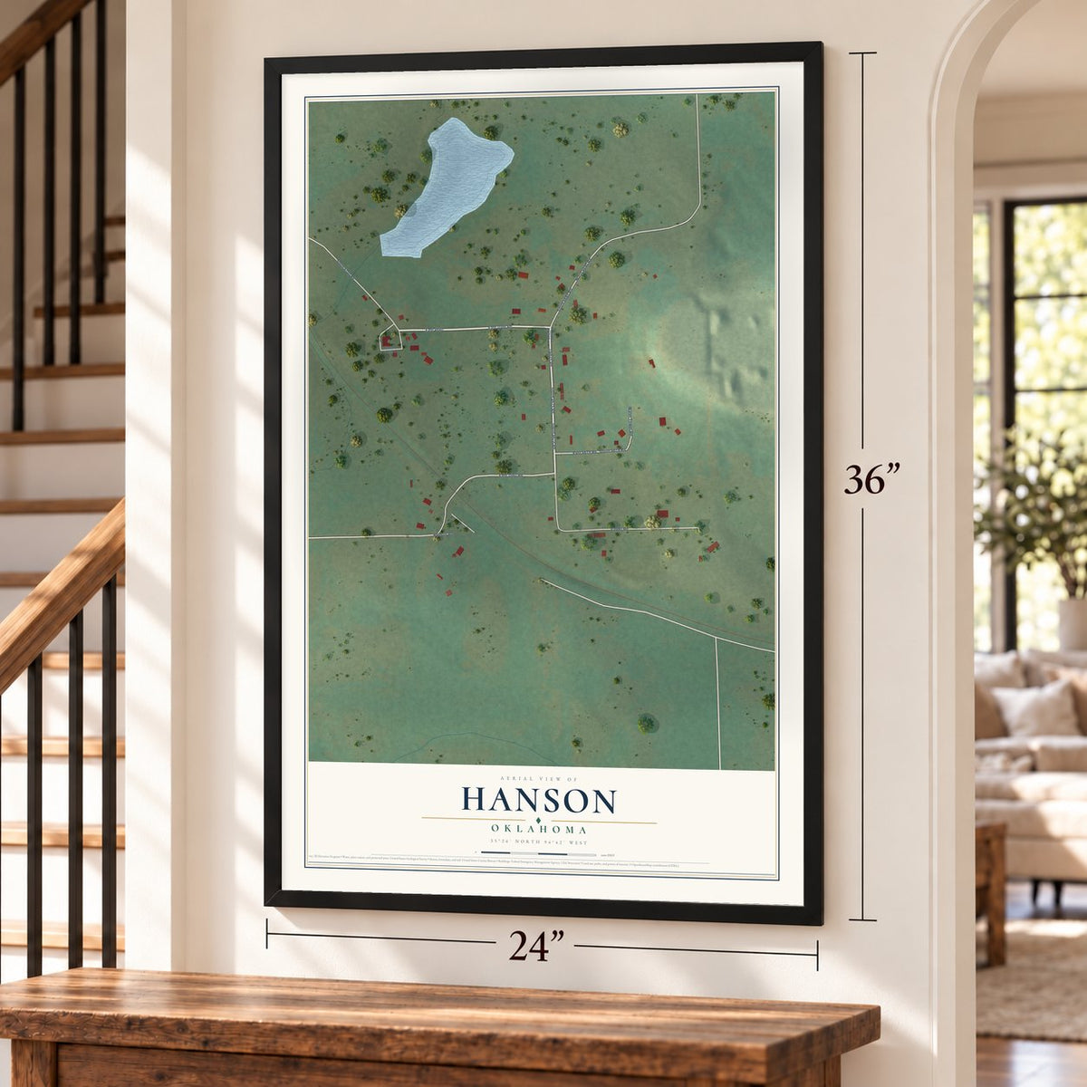 Hanson, Oklahoma map, 24 x 36 inch print in a black frame by a staircase