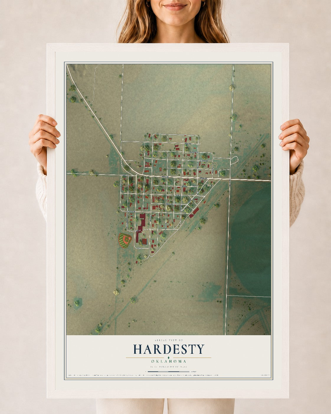 Map of Hardesty, Oklahoma, 24 x 36 inch print in a white wood frame