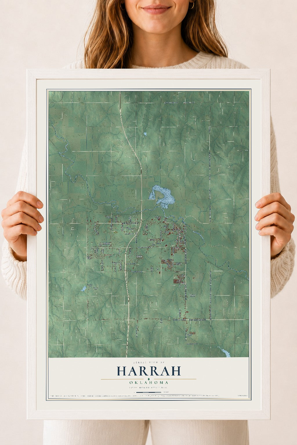 Map of Harrah, Oklahoma, 18 x 24 inch print in a white wood frame
