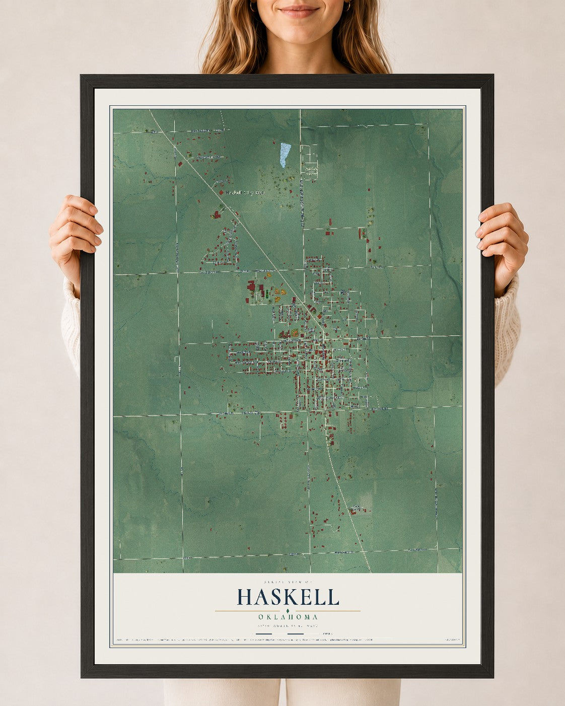 Map of Haskell, Oklahoma, 24 x 36 inch print in a black wood frame