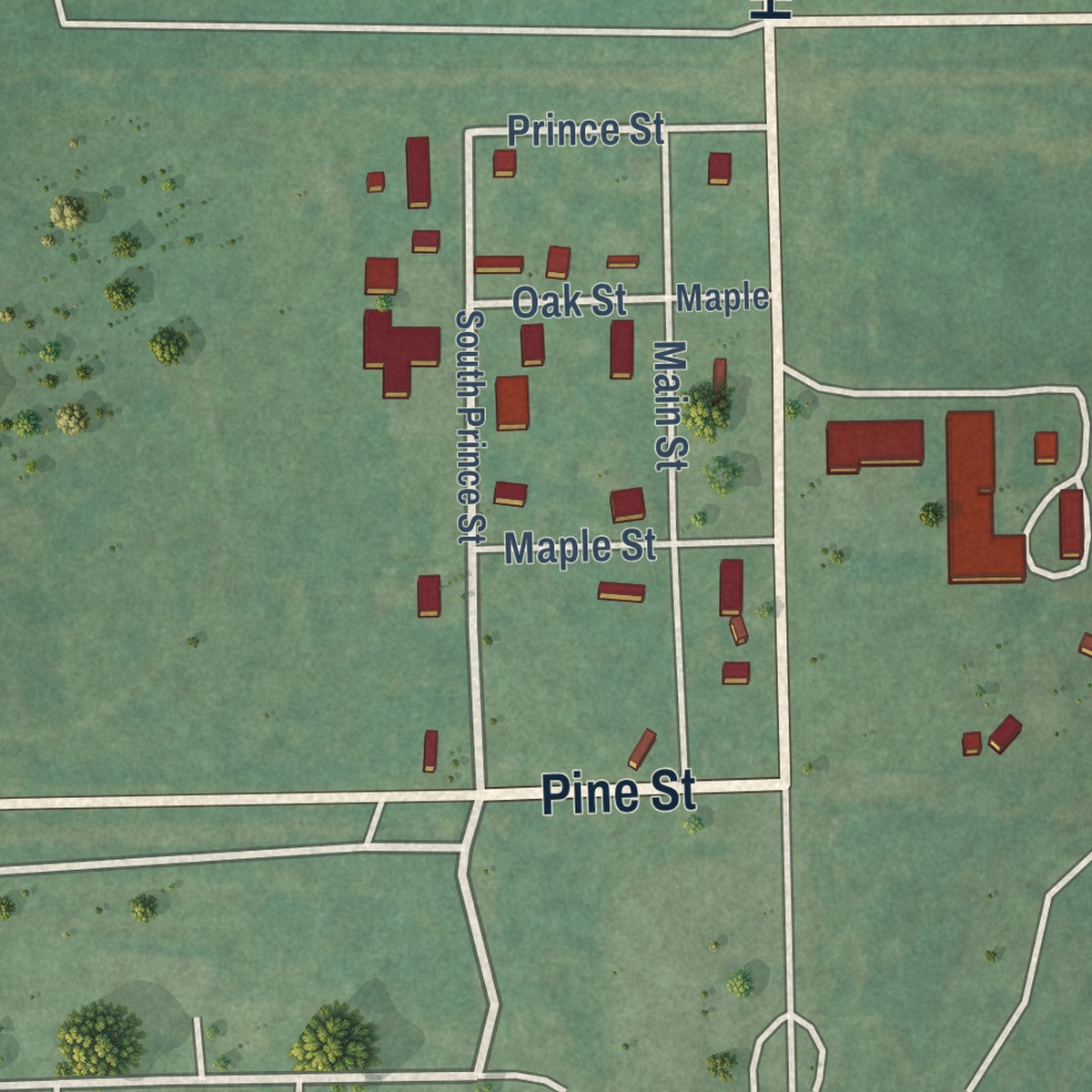 Close-up of the map of Haywood, Oklahoma print showing street and building detail