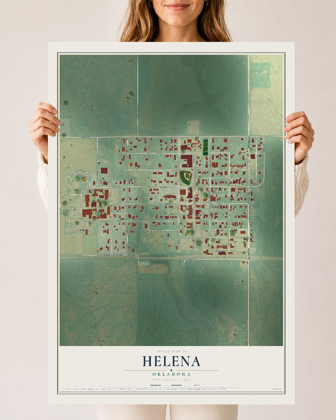 Map of Helena, Oklahoma, 24 x 36 inch unframed archival matte print