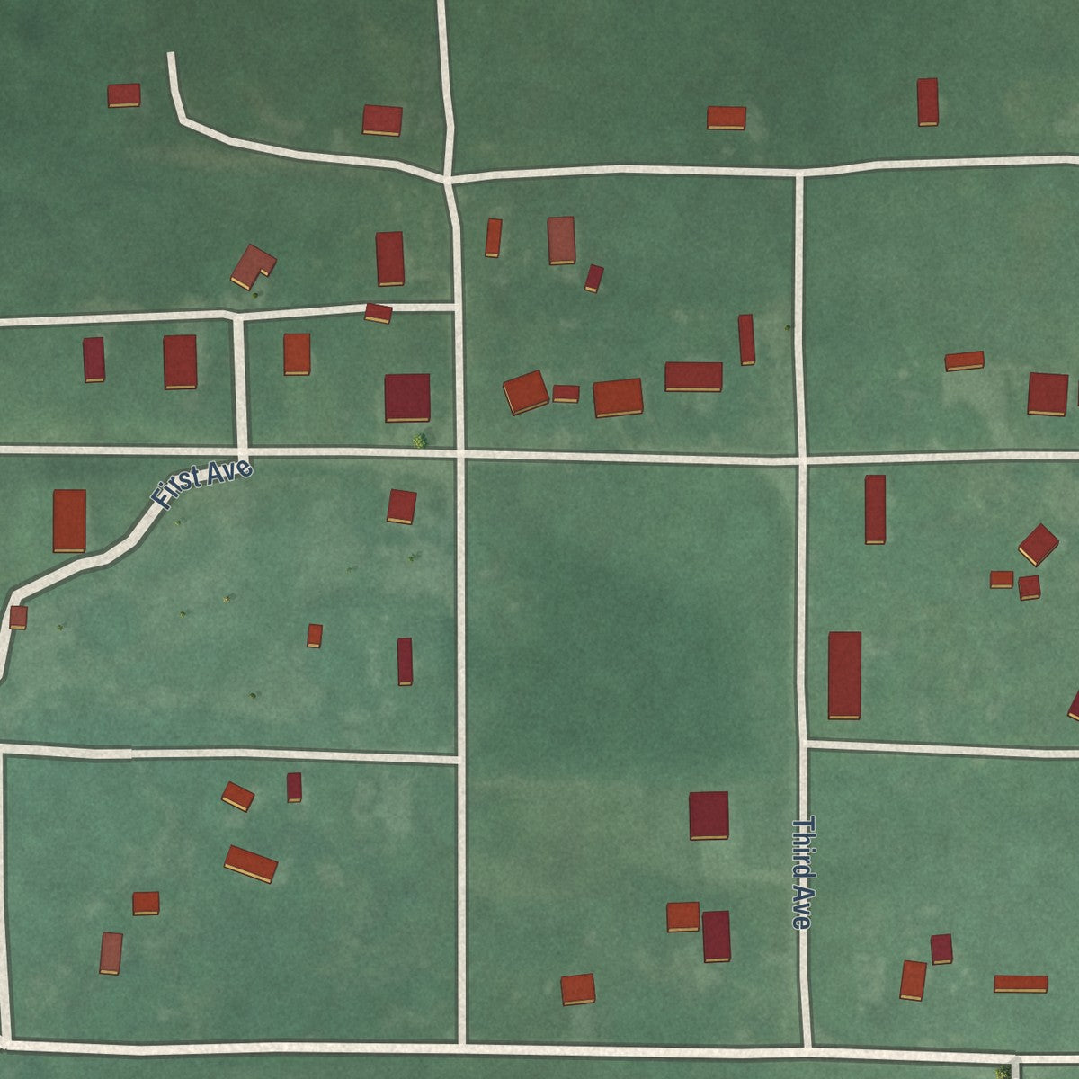 Close-up of the map of Hendrix, Oklahoma print showing street and building detail