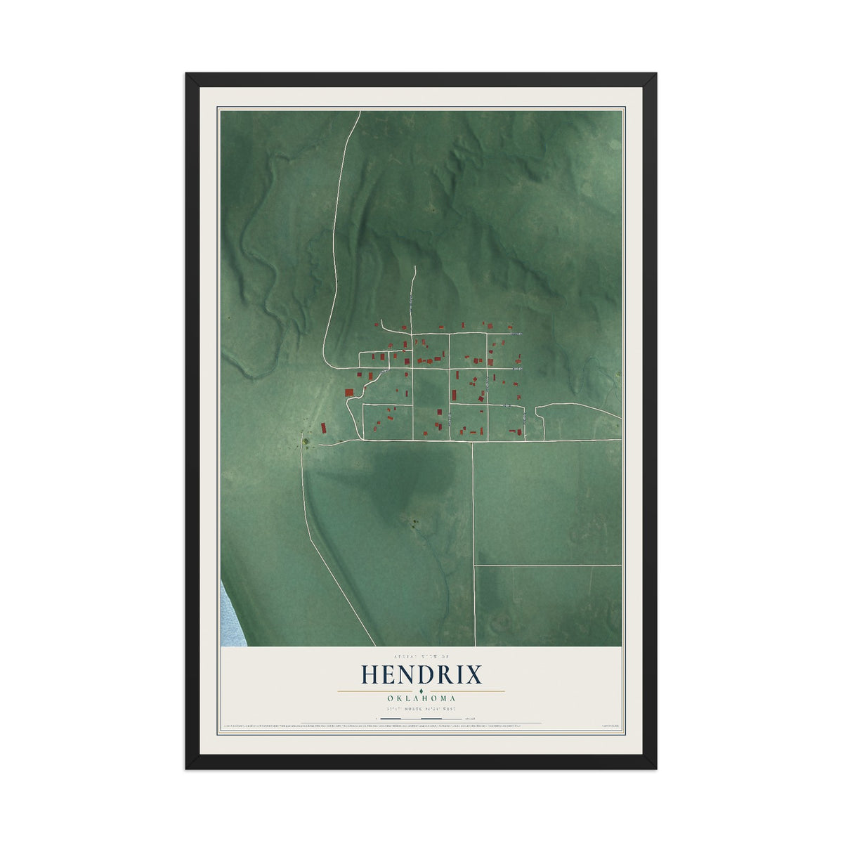 Map of Hendrix, Oklahoma, 12 x 18 inch print in a black wood frame