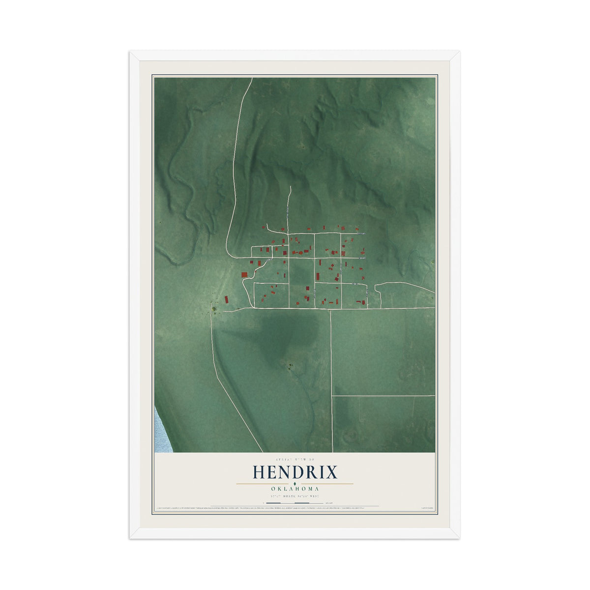 Map of Hendrix, Oklahoma, 12 x 18 inch print in a white wood frame