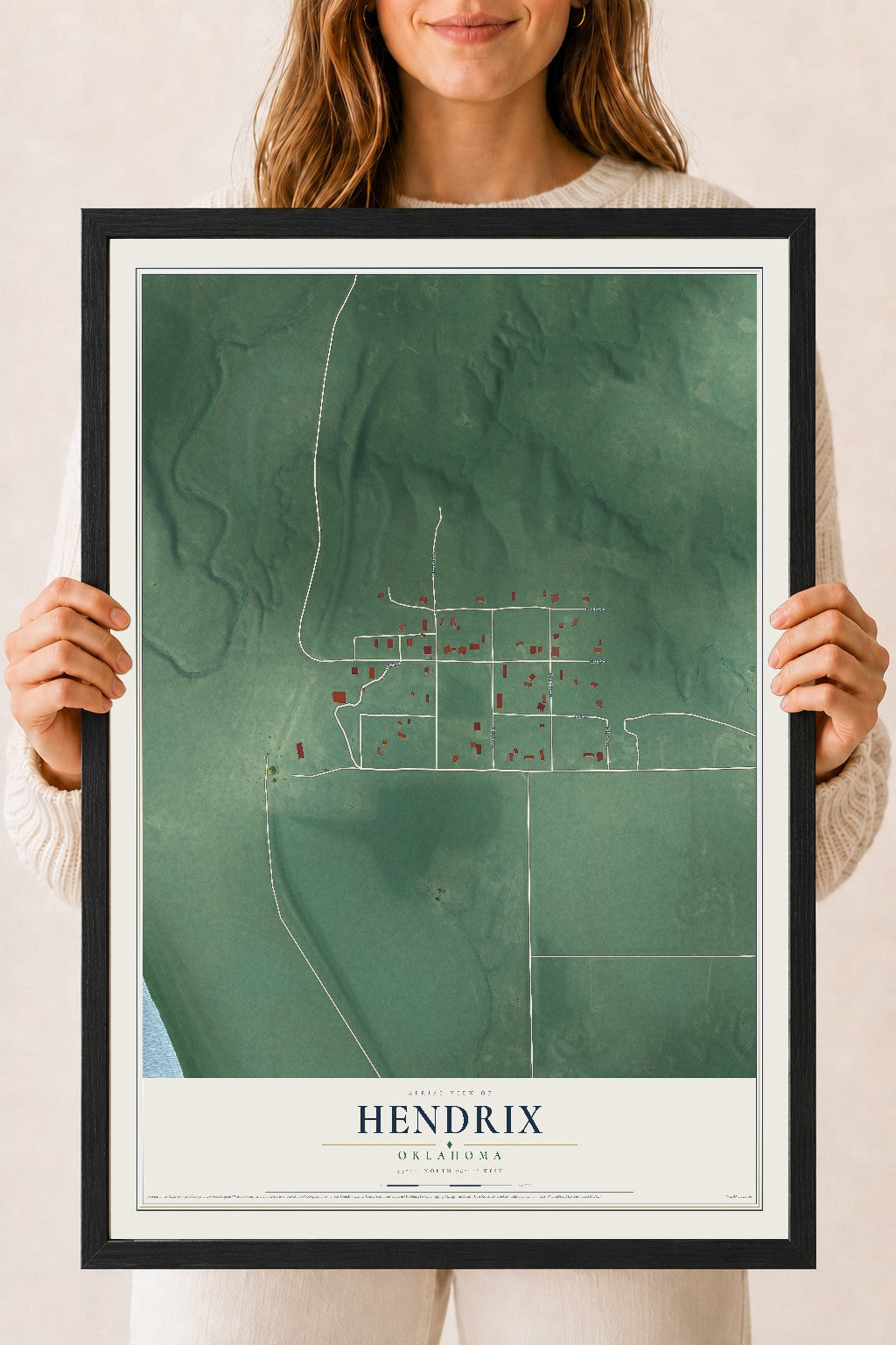 Map of Hendrix, Oklahoma, 18 x 24 inch print in a black wood frame