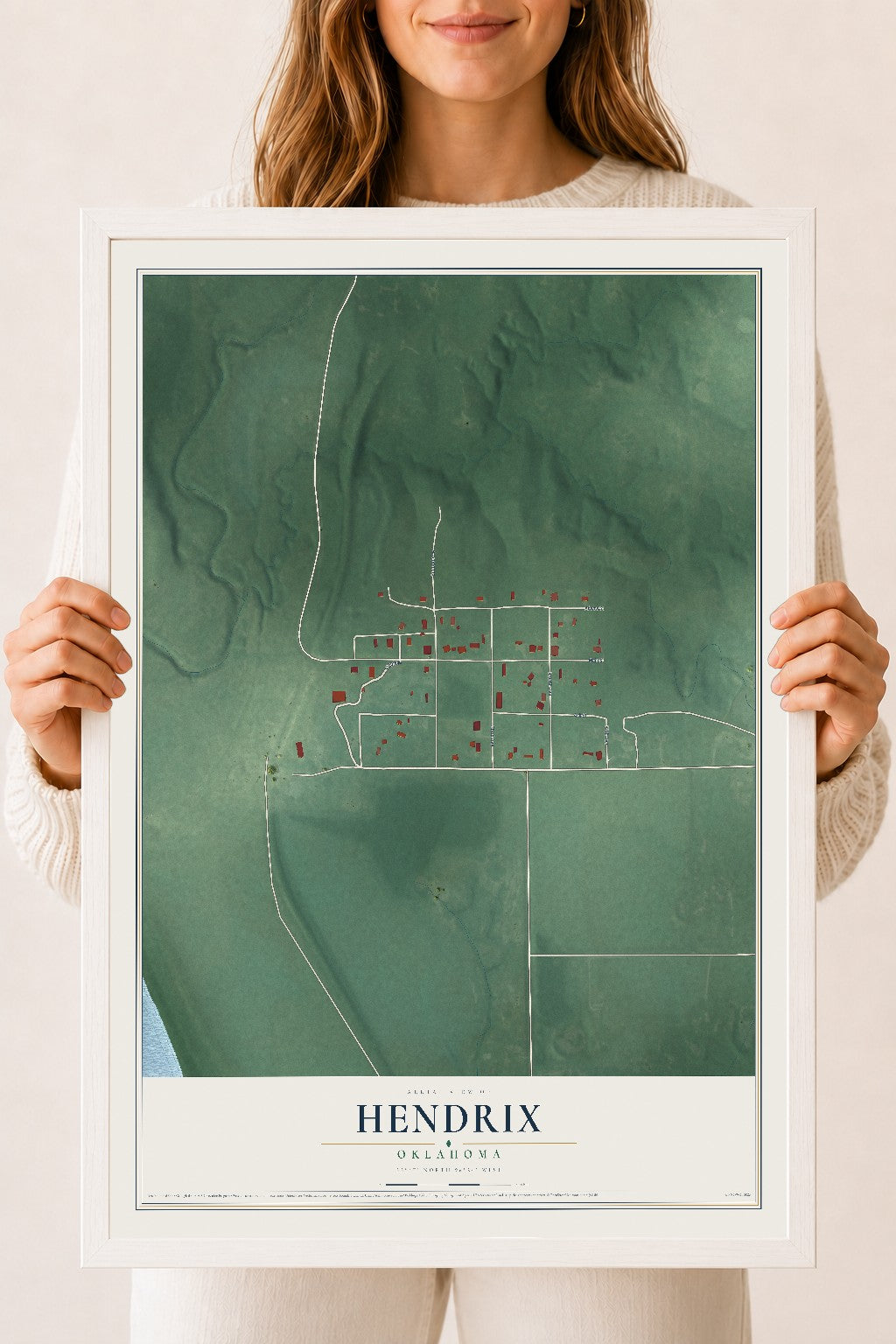 Map of Hendrix, Oklahoma, 18 x 24 inch print in a white wood frame