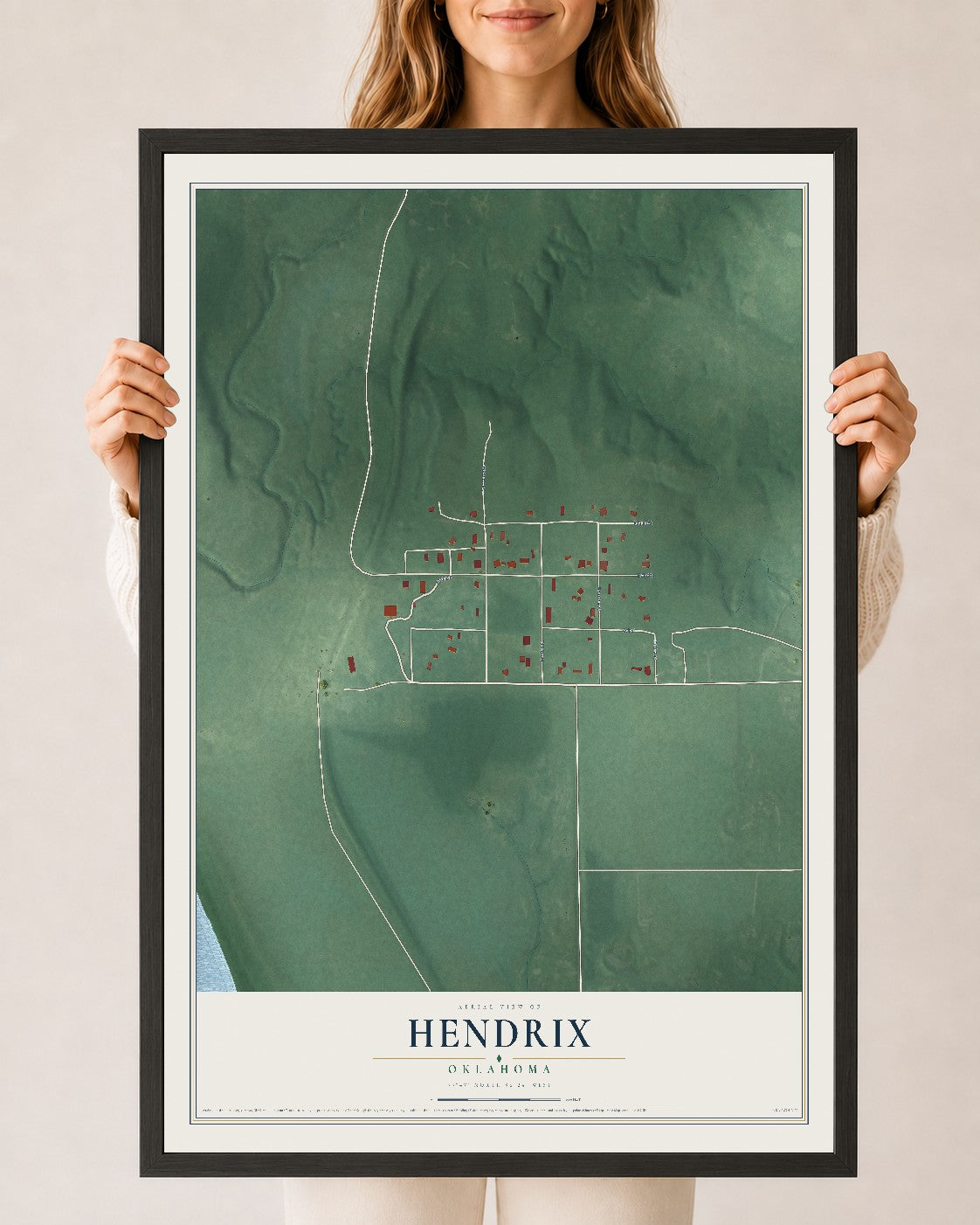 Map of Hendrix, Oklahoma, 24 x 36 inch print in a black wood frame