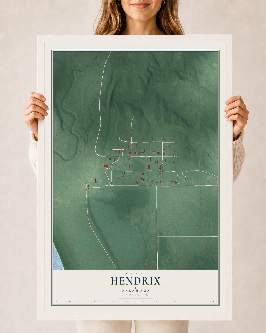 Map of Hendrix, Oklahoma, 24 x 36 inch print in a white wood frame