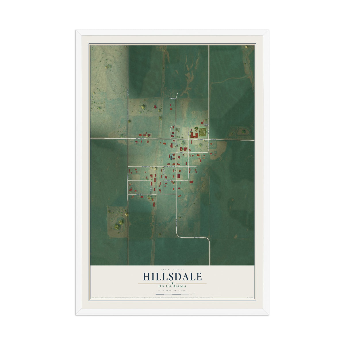 Map of Hillsdale, Oklahoma, 12 x 18 inch print in a white wood frame