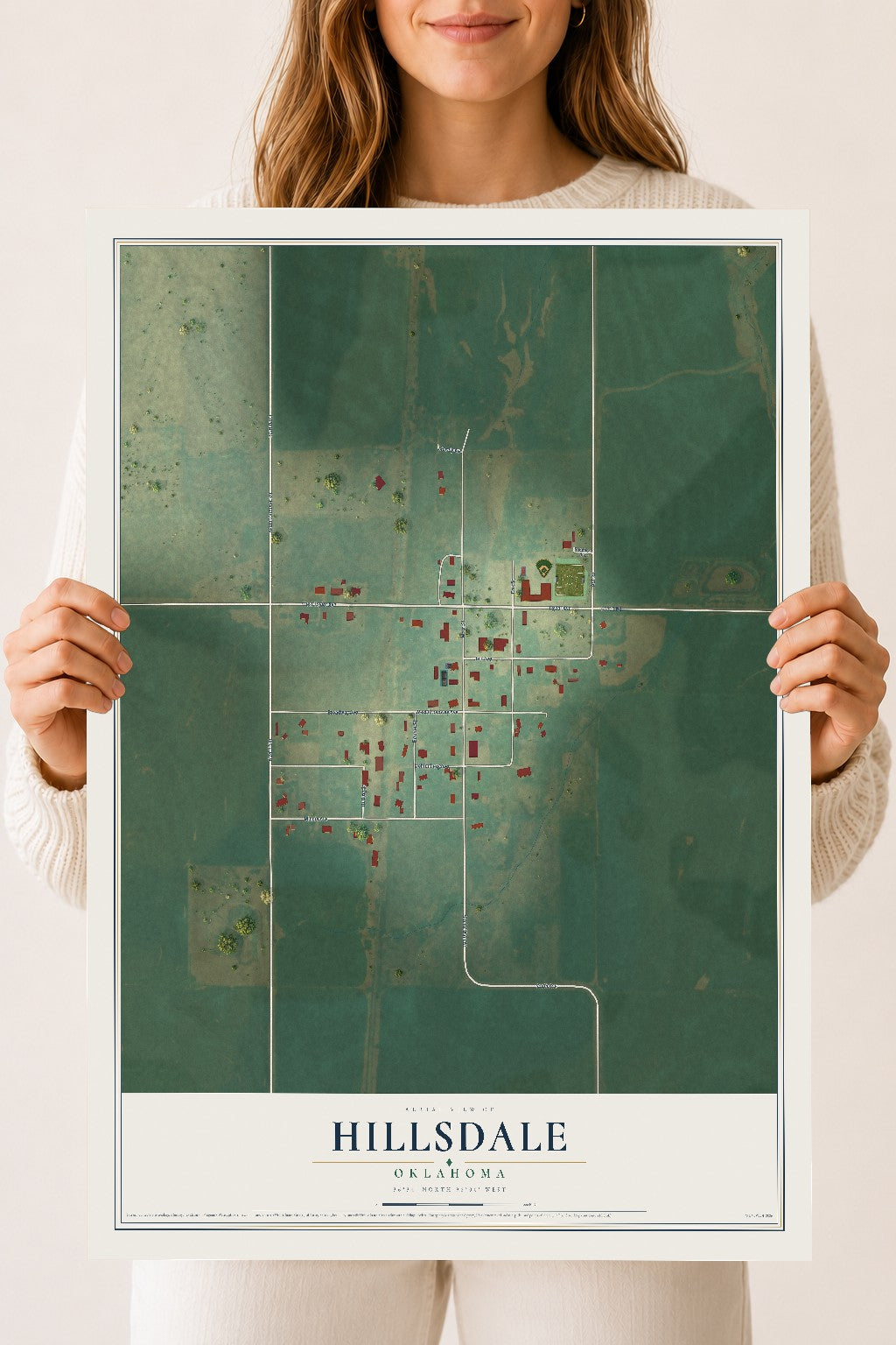 Map of Hillsdale, Oklahoma, 18 x 24 inch unframed archival matte print