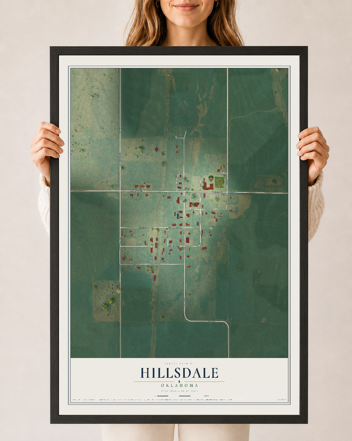 Map of Hillsdale, Oklahoma, 24 x 36 inch print in a black wood frame