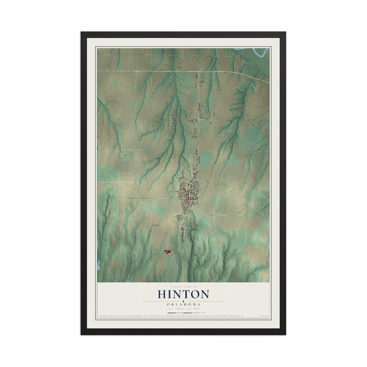 Map of Hinton, Oklahoma, 12 x 18 inch print in a black wood frame