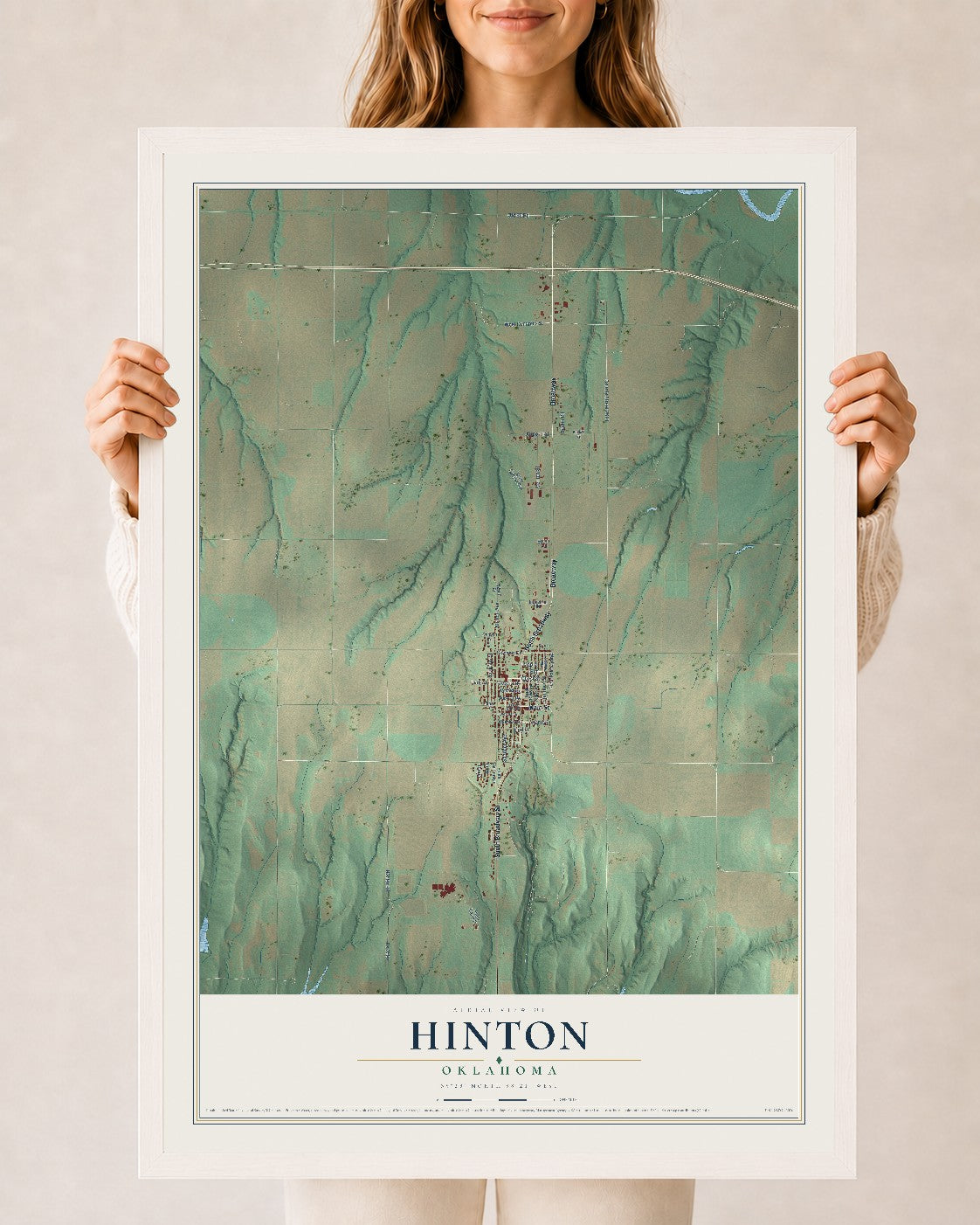 Map of Hinton, Oklahoma, 24 x 36 inch print in a white wood frame