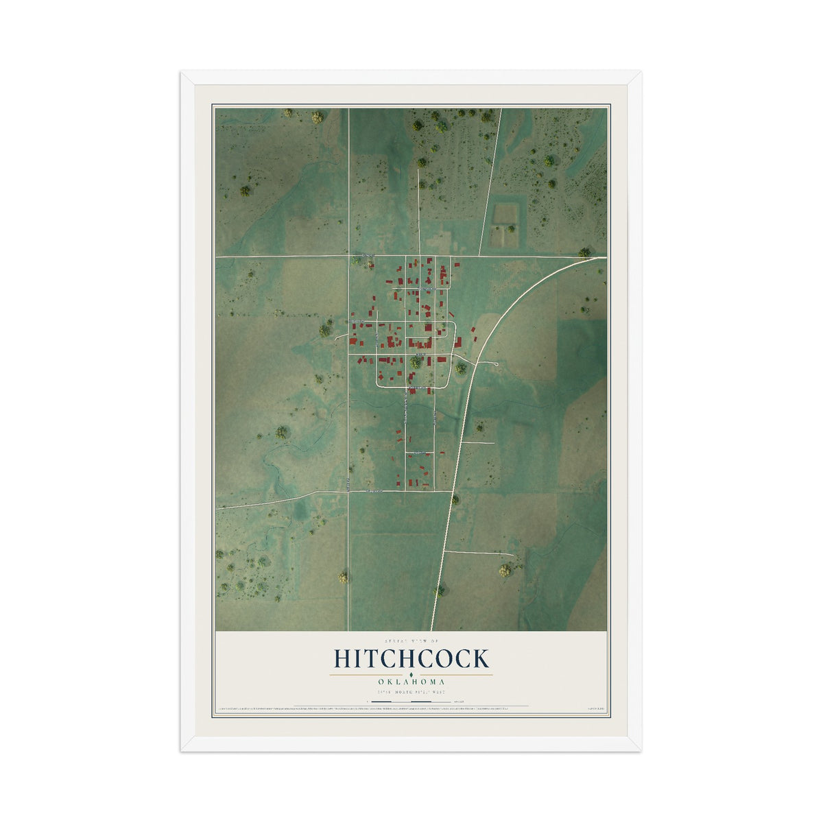 Map of Hitchcock, Oklahoma, 12 x 18 inch print in a white wood frame