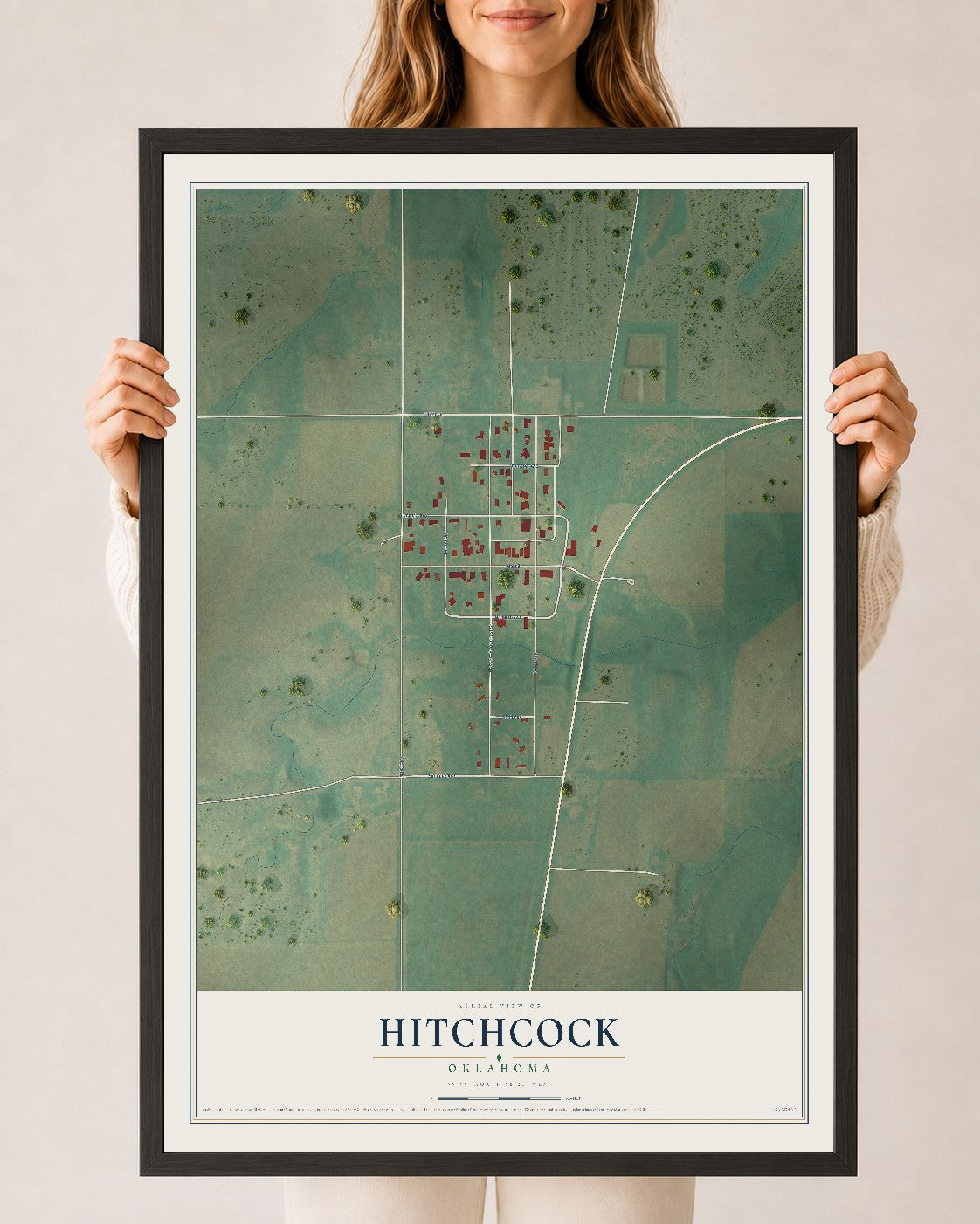 Map of Hitchcock, Oklahoma, 24 x 36 inch print in a black wood frame