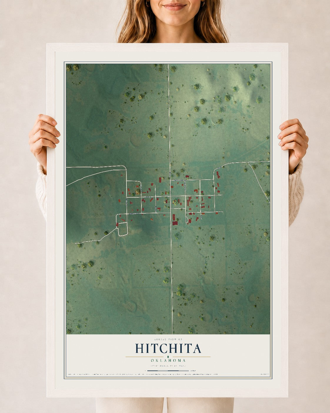 Map of Hitchita, Oklahoma, 24 x 36 inch print in a white wood frame