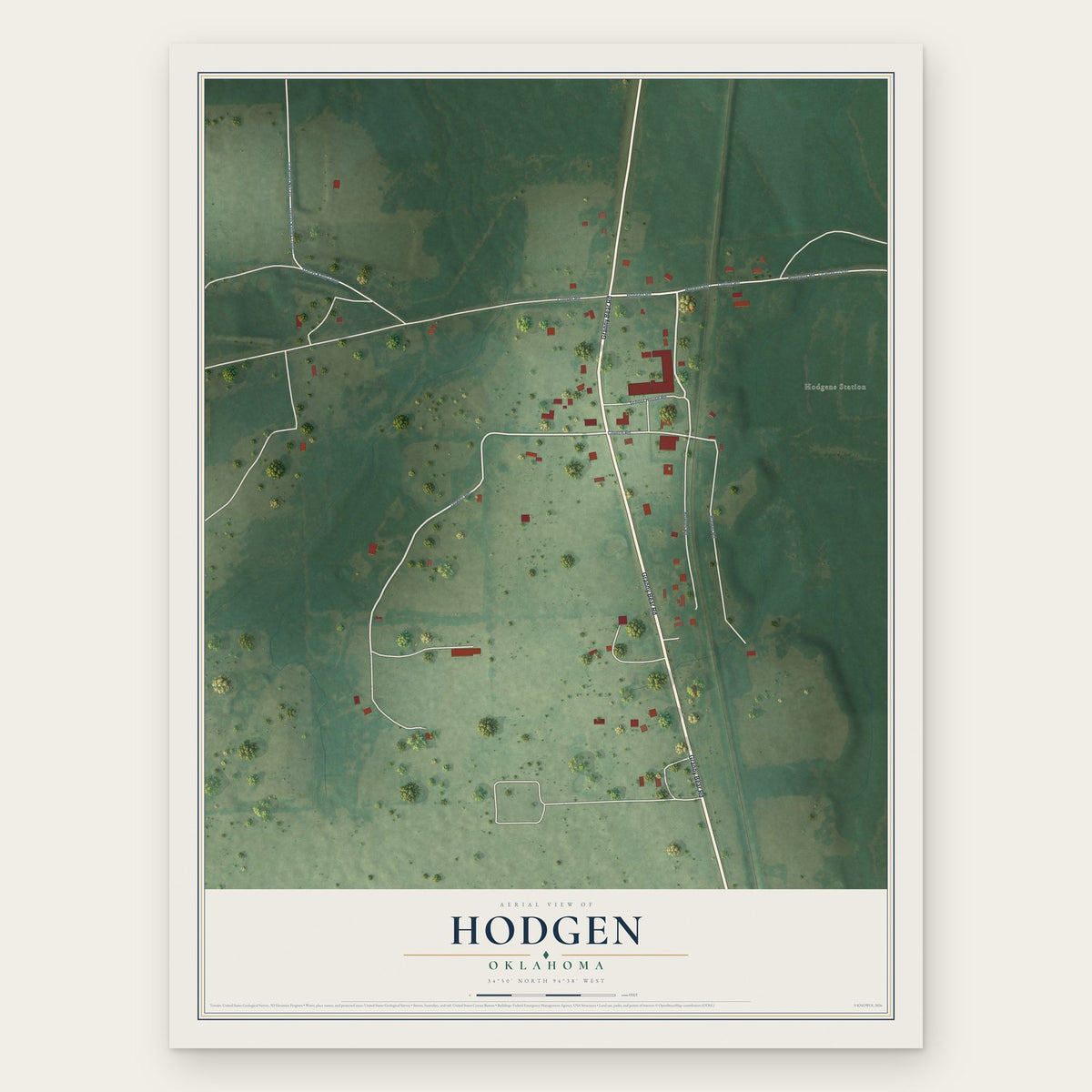 Hodgen, Oklahoma map print, the full design