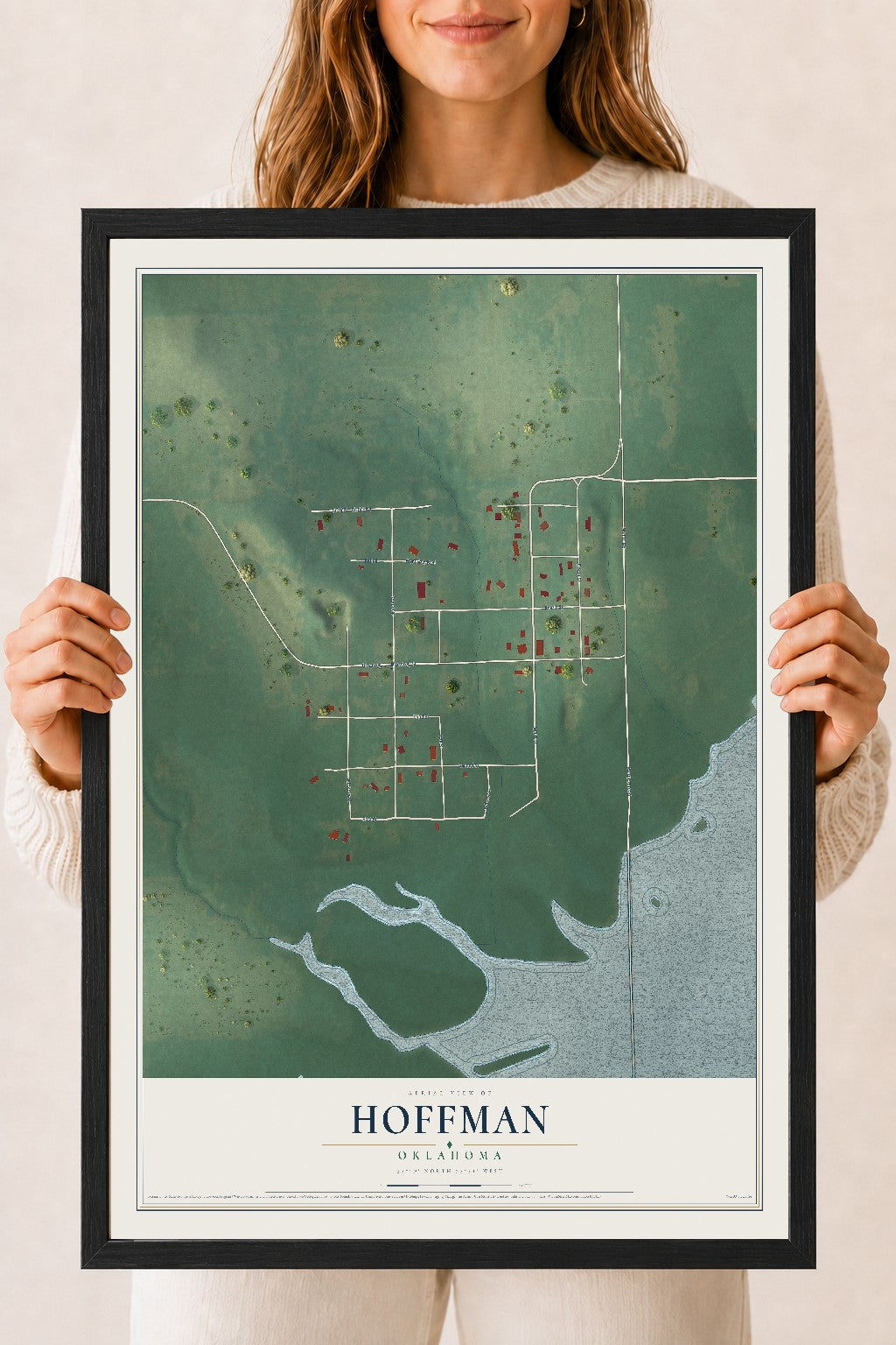 Map of Hoffman, Oklahoma, 18 x 24 inch print in a black wood frame