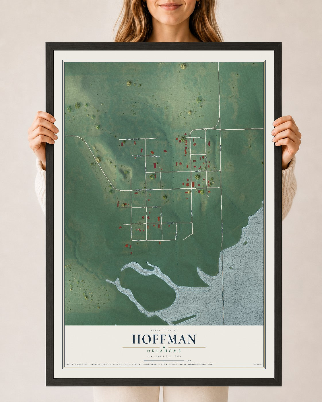 Map of Hoffman, Oklahoma, 24 x 36 inch print in a black wood frame