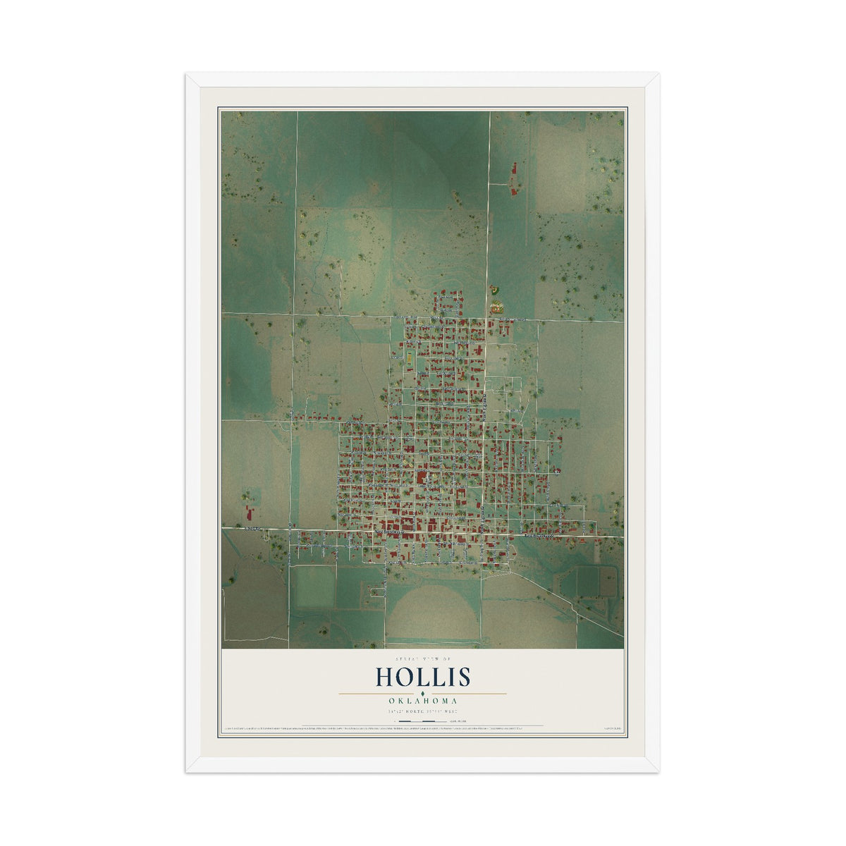 Map of Hollis, Oklahoma, 12 x 18 inch print in a white wood frame