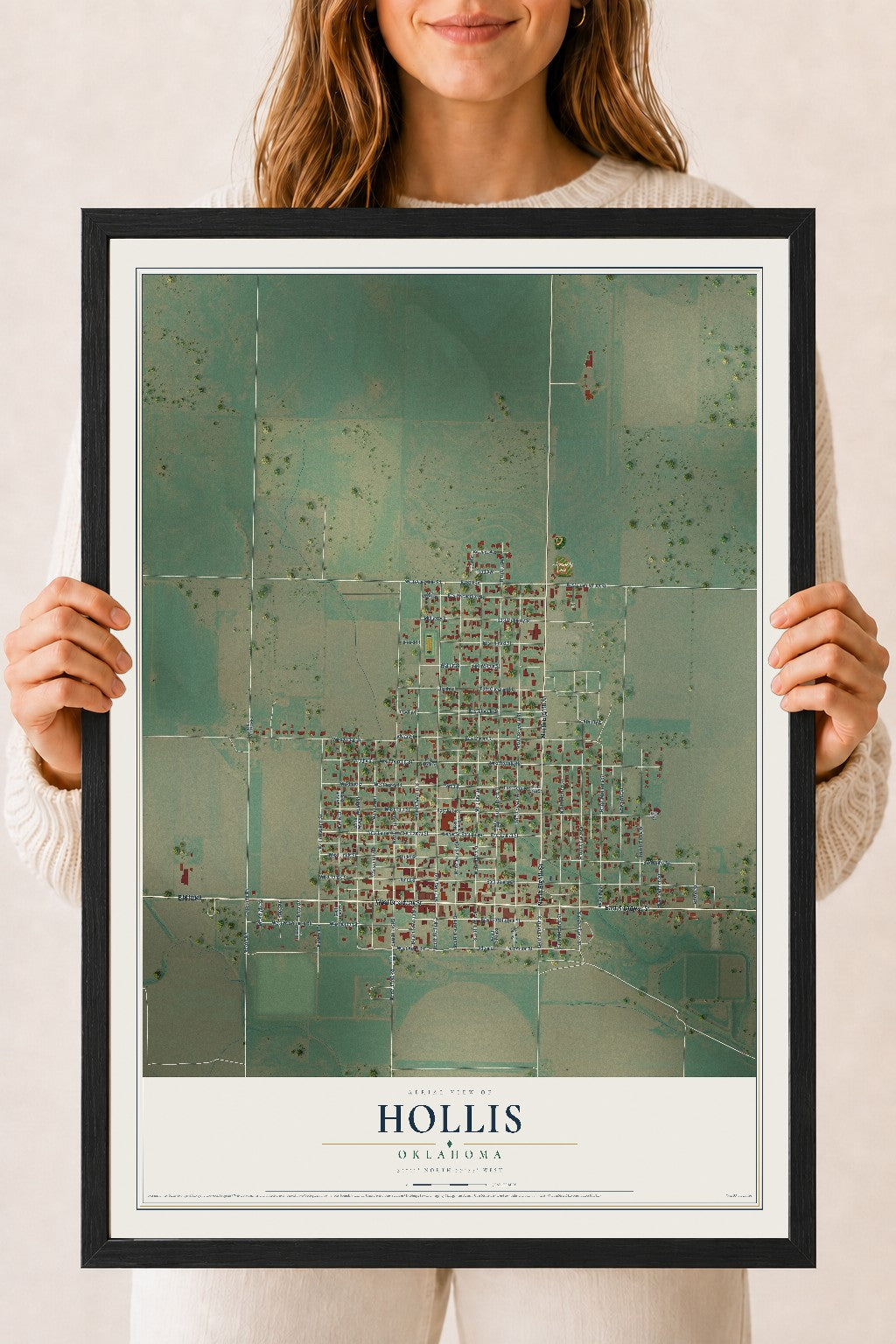 Map of Hollis, Oklahoma, 18 x 24 inch print in a black wood frame