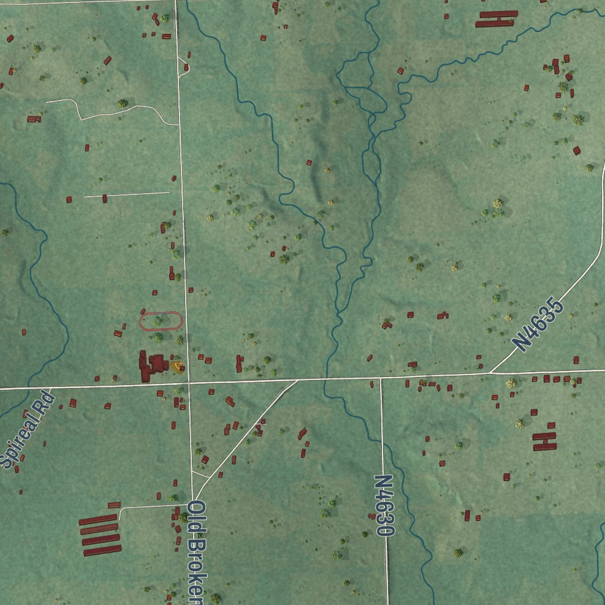 Close-up of the map of Holly Creek, Oklahoma print showing street and building detail