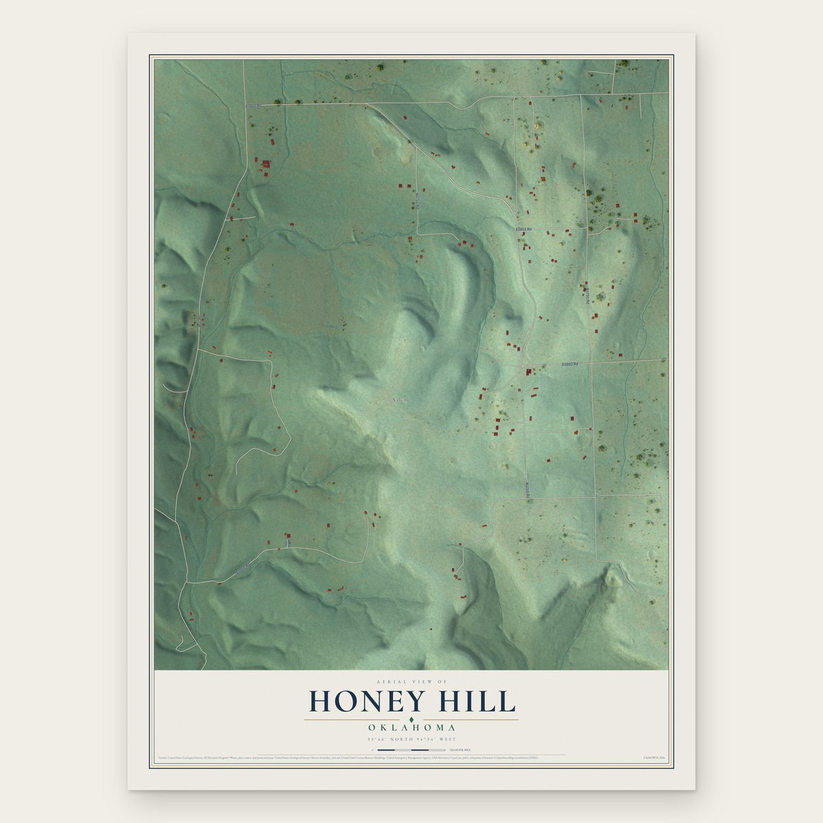 Honey Hill, Oklahoma map print, the full design