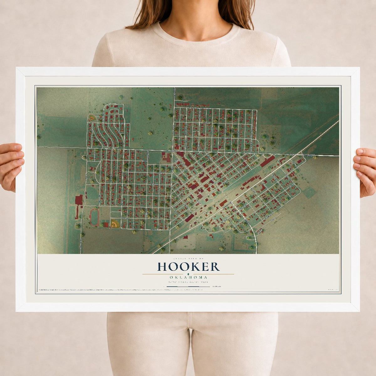 Map of Hooker, Oklahoma, 18 x 24 inch print in a white wood frame