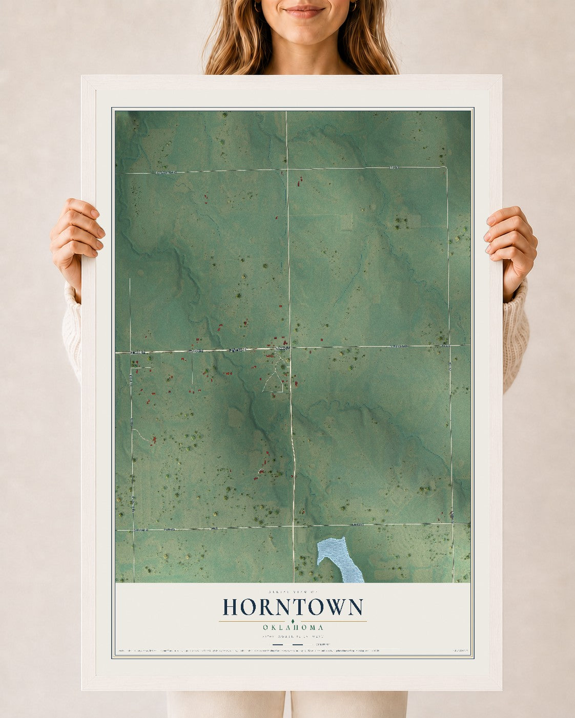 Map of Horntown, Oklahoma, 24 x 36 inch print in a white wood frame