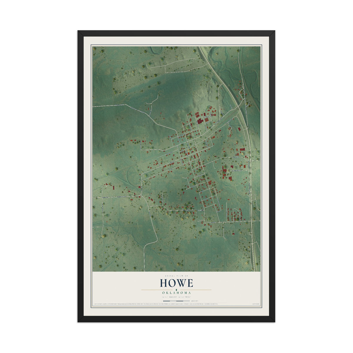 Map of Howe, Oklahoma, 12 x 18 inch print in a black wood frame