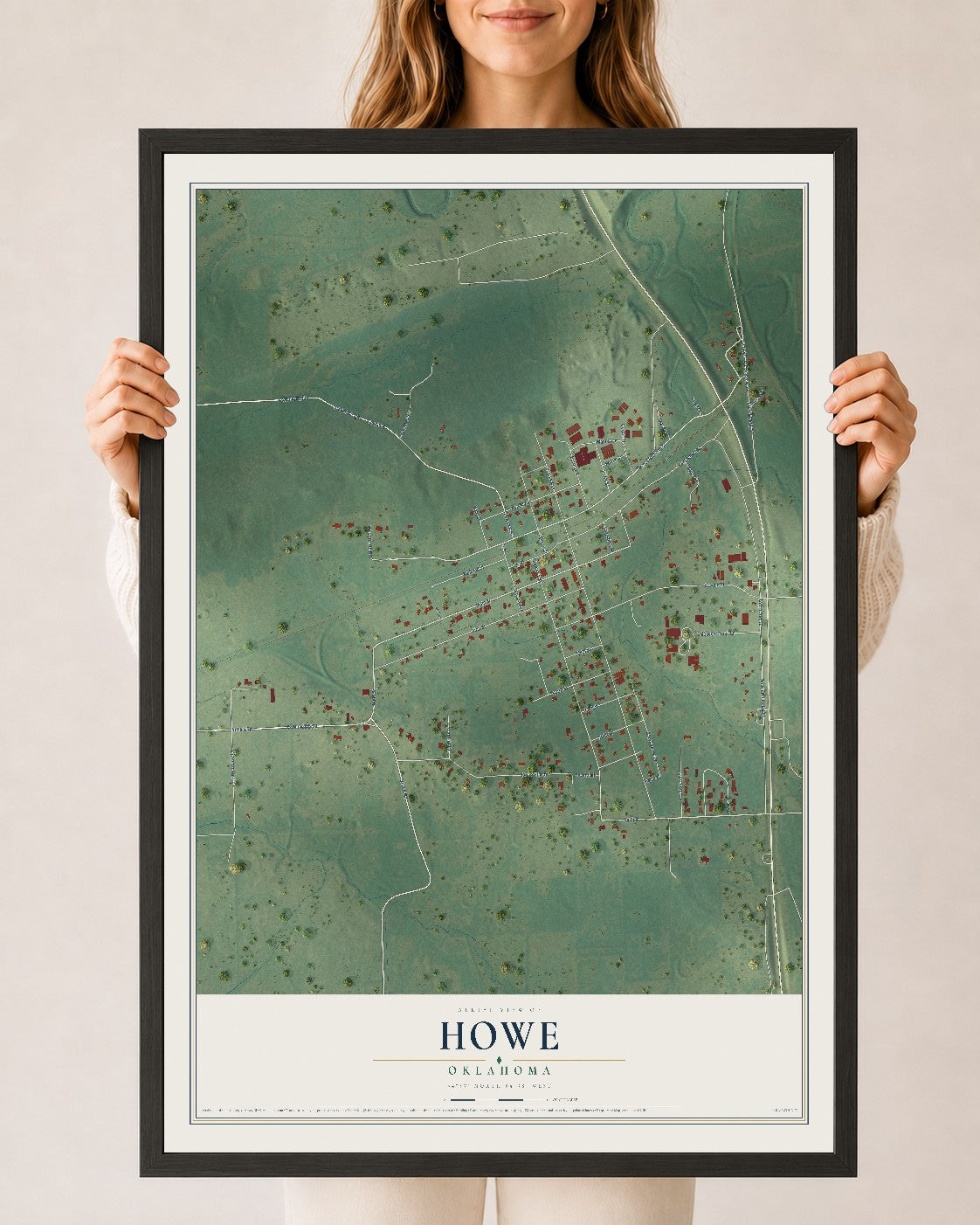 Map of Howe, Oklahoma, 24 x 36 inch print in a black wood frame